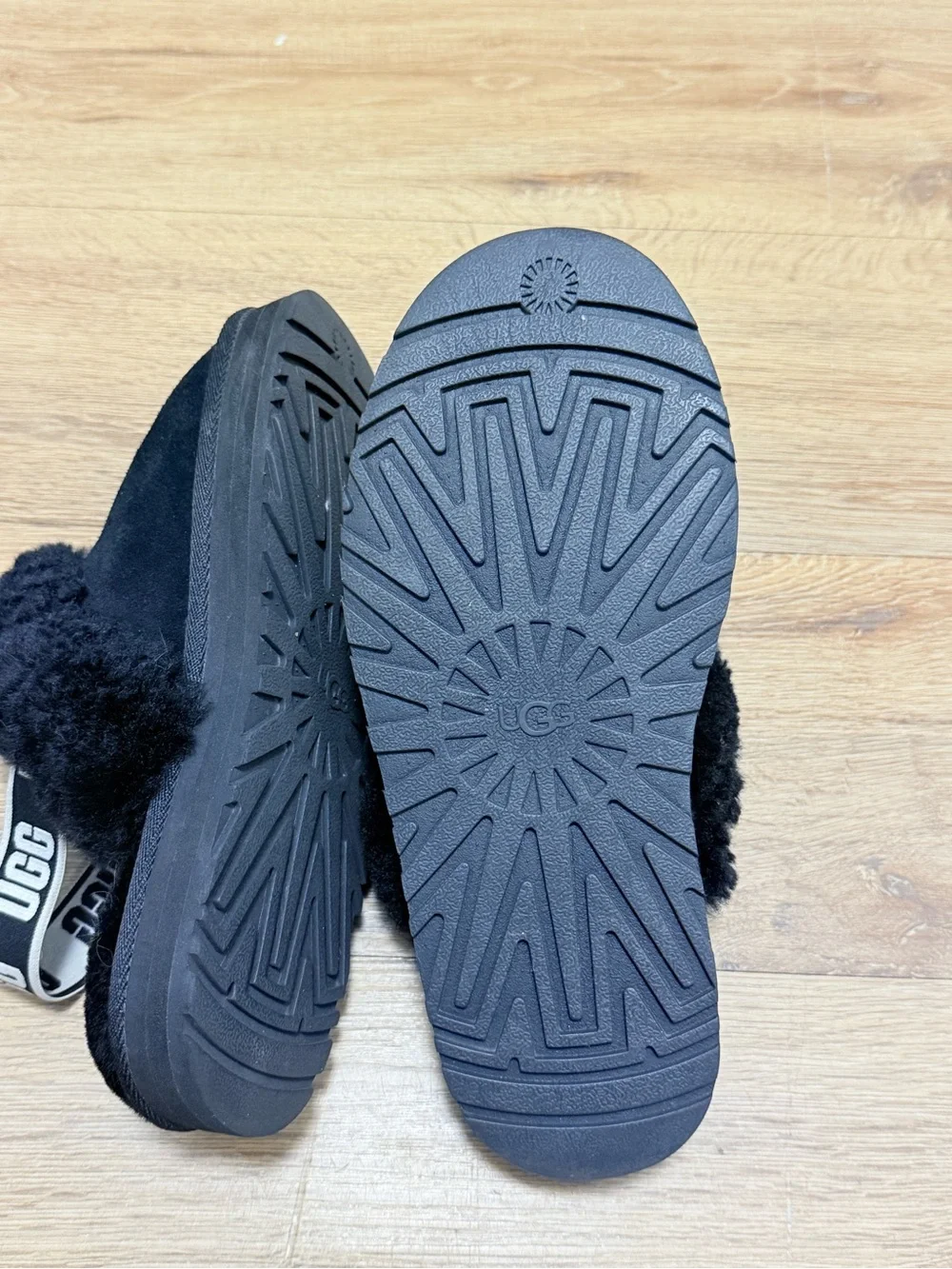 UGG Black Kids Suede Slip-On Slippers with Shearling Cuff